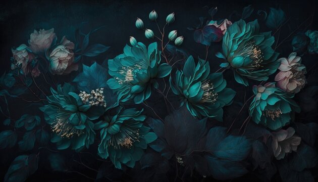 Generative AI, Close up of blooming flowerbeds of amazing teal flowers on dark moody floral textured background. Photorealistic effect.	