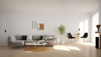 Fototapeta na wymiar minimal clean interior design of living room with sofa, generative art by A.I.