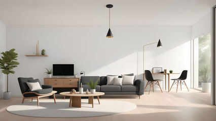 minimal clean interior design of living room with sofa, generative art by A.I.