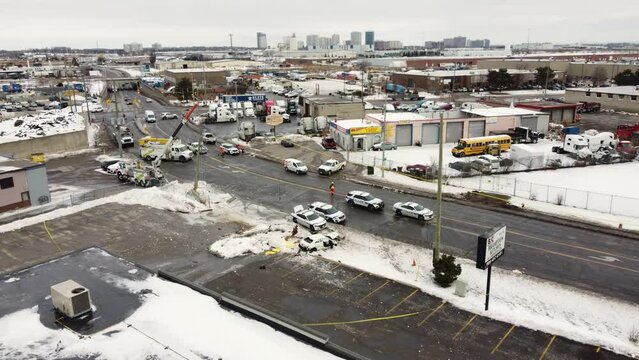 Aerial view of severe car collision in winters, Brompton, Ontario, Canada