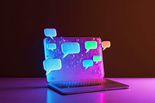 Chatting on laptop with neon background. Photo generative AI