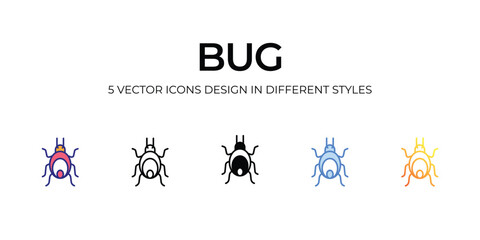 bug Icon Design in Five style with Editable Stroke. Line, Solid, Flat Line, Duo Tone Color, and Color Gradient Line. Suitable for Web Page, Mobile App, UI, UX and GUI design.