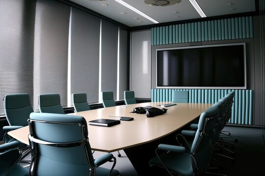 Video Conf. Room: Equip'd Meet'g Room. Photo generative AI