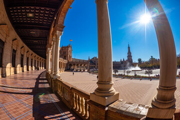 Wide angle view of the Plaza de España in Seville during summertime