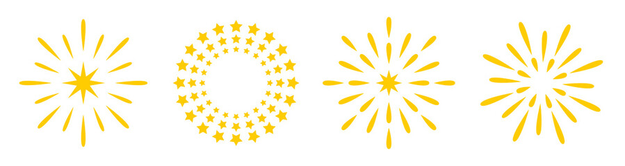 Fireworks vector set. Petard, stars, festival and event, celebrate and party, happy new year. Vector illustration