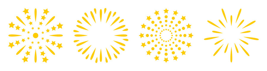 Fireworks vector set. Petard, stars, festival and event, celebrate and party, happy new year. Vector illustration