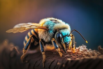 Macro photography of a beautiful bee with stunning detail; this picture is a marvel of modern AI generation. - obrazy, fototapety, plakaty