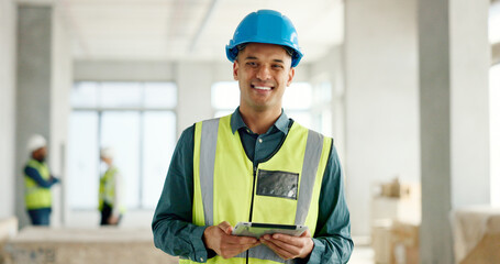 Architect, building engineering or construction worker with tablet real estate ideas, property...