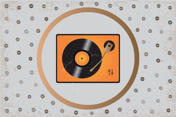 Find the perfect sound - abstract retro vinyl record player on background made by little vinyl records