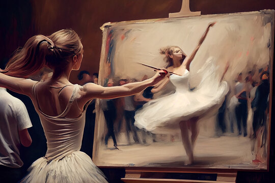 Dancer painting self-portrait of herself dancing, generative art