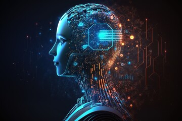 Artificial intelligence digital technology concept. Robot with hologram brain and big data analytics