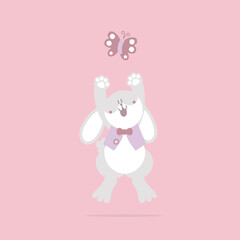 Obraz na płótnie Canvas happy easter festival with animal pet bunny rabbit and butterfly, pastel color, flat vector illustration cartoon character