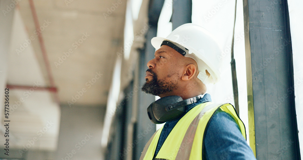 Poster Architecture, thinking and construction site manager building a development property project and safety inspection. Engineering, management and African contractor monitoring or checking progress
