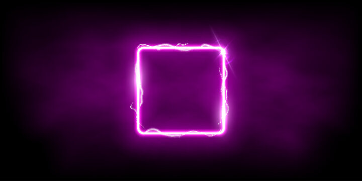 Magic purple square of thunder storm blue lightnings. Magic and bright light effects electric border. Plasma frame with thunderbolt electricity lightning power effect on dark fog background