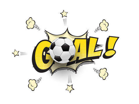 Yellow goal word with football ball in cartoon, manga or comic book style. Soccer match vector illustration