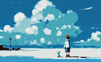 Child and dog looking on the sky. Generative AI technology.