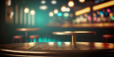 Table en bois avec arrière-plan flou un bar dansant avec lumières et comptoir. Table pour la présentation d'un produit. Bannière pour la présentation d'un bar à cocktail
