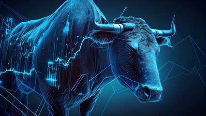 Digital illustration of a bull head with financial charts.