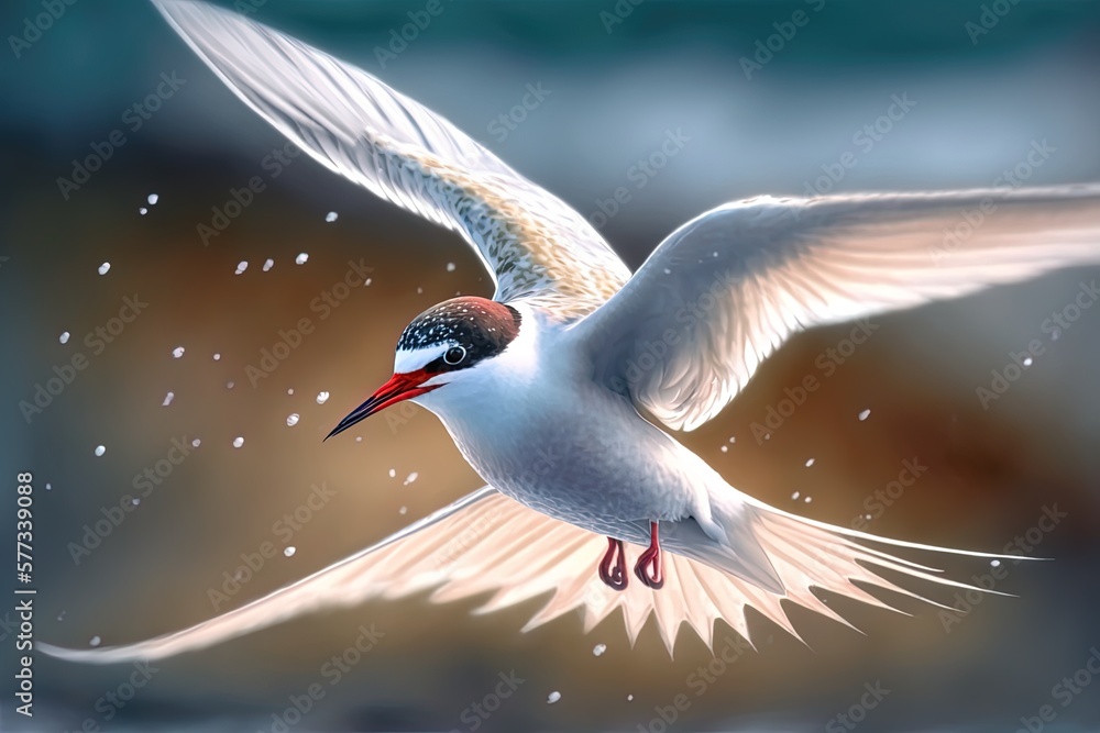 Poster stunning close-up of a zoomed-in arctic tern in flight Generative AI