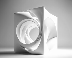 Abstract white sculpture in the shape of a cube with round swirling openings on the sides on a white background. Generative AI illustration.