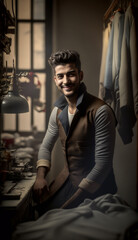 Obraz premium Portrait of a young smiling man seamstress in a high fashion atelier - Ai generative