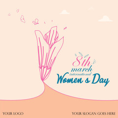 Banner for International Women Day. Colorful template for card, poster and social network.Strong and brave girls support each other. Cartoon flat vector illustration isolated on pink background