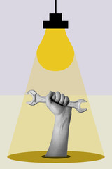 Art collage, art collage, hand with wrench and hanging light bulb shining.