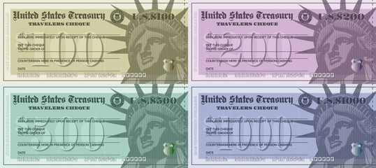 Fototapeta na wymiar Vector set of fictitious color USA travelers cheques. The denomination of checks is 100, 200, 500 and 1000 dollars. Statue of Liberty head, seal and shield.
