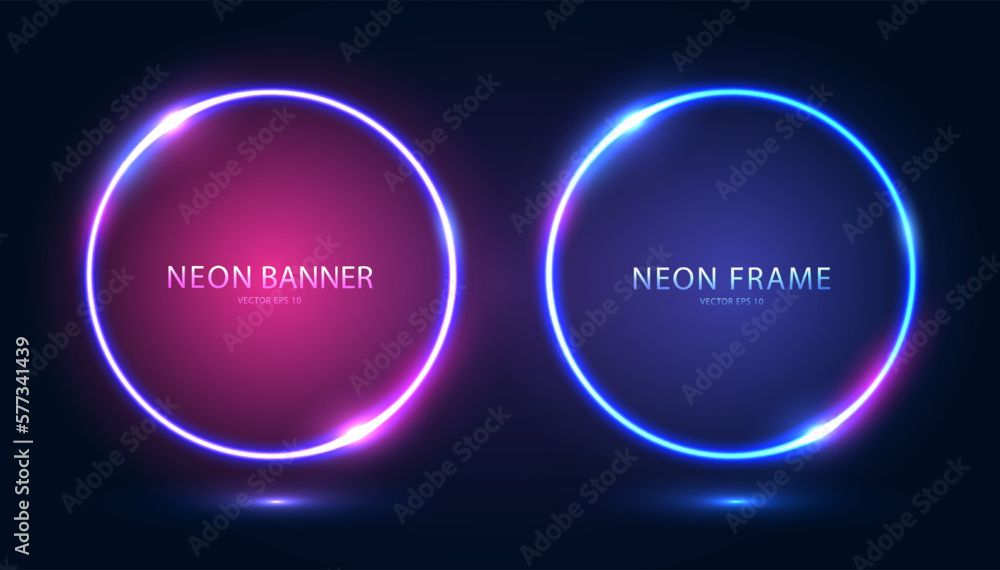 Aufkleber a set of round neon frames with shining effects and highlights on a dark background. futuristic mode