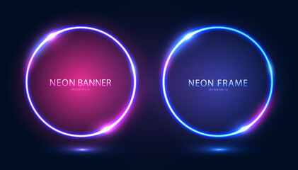 A set of round neon frames with shining effects and highlights on a dark background. Futuristic modern neon glowing banners. Vector EPS 10.