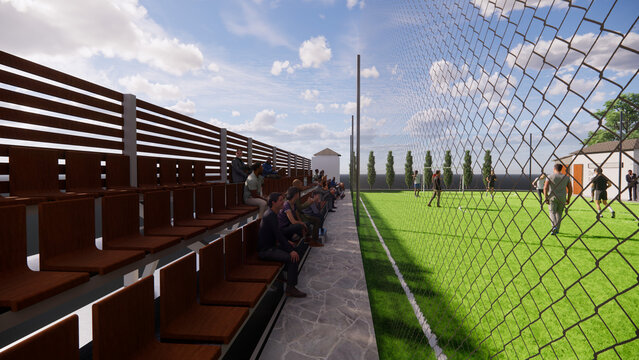 3d rendering of a mini football - futsal - soccer field integrated with a restaurant and cafe illustration
