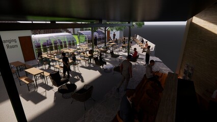 3d rendering of a mini football - futsal - soccer field integrated with a restaurant and cafe illustration
