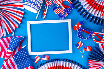 Happy Labor Day, Presidents Day, Fourth of July Independent Day, Memorial day, Columbus day background. Blue background with USA flag color paper fans and decorations, party accessories