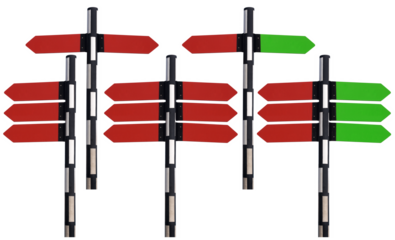 Collection of red and green directional signs with black and white pole, isolated on white or transparent background with copy space. Photography, png.