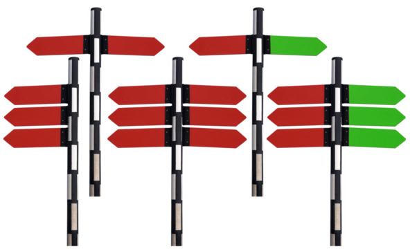Collection of red and green directional signs with black and white pole, isolated on white or transparent background with copy space. Photography, png.