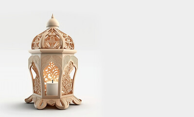 Islamic decoration background with lantern, ramadan kareem, mawlid, iftar, isra miraj, eid al fitr adha, muharram, copy space, 3D illustration, Generative AI