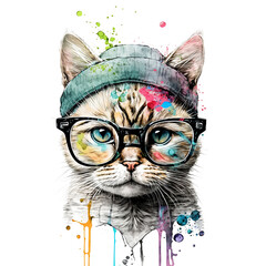 Portrait of cute cat wear glasses and hat on transparent background, watercolor painting, paint splatter, Printable design for wall art, posters, t-shirts, Generative AI
