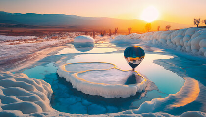 Landscape Pamukkale with hot Air Balloon on sunset, Travel Turkey. Generation AI - obrazy, fototapety, plakaty
