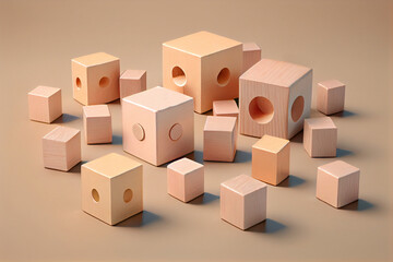 Obraz premium Eco friendly, plastic free toys for toddler. Stylish wooden toy blocks and cubes for child . AI Generated.