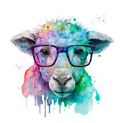 Portrait of cute sheep wear glasses on transparent background, watercolor painting, paint splatter, Printable design for wall art, posters, t-shirts, Generative AI