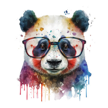 Portrait of cute pada wear glasses on transparent background, watercolor painting, paint splatter, Printable design for wall art, posters, t-shirts, Generative AI