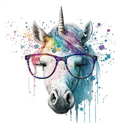 Portrait of unicorn wear glasses on transparent background, watercolor painting, paint splatter, Printable design for wall art, posters, t-shirts, Generative AI
