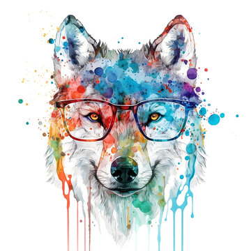 Portrait of wolf wear glasses on transparent background, watercolor painting, paint splatter, Printable design for wall art, posters, t-shirts, Generative AI