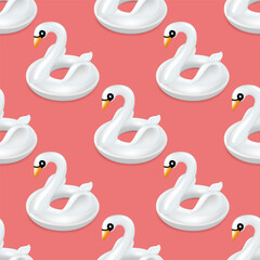 White bright swan on a pink background seamless pattern. Swimming toy, design to decorate summer holiday items. Vector.