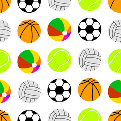Sport game balls isolated on white background vector icon set. Cartoon doodle play game equipment. Seamless pattern for fabric printing.
