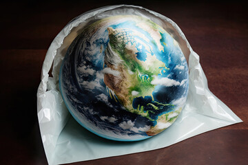 the planet earth in the plastic vacuum bag,earth day,earth hour,generative ai.