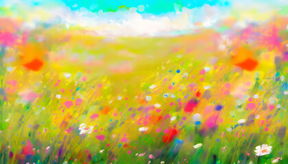 Colorful flower meadow, oil painting, generative AI