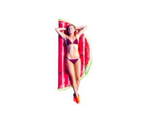 top down view of pretty woman in red bikini lying on the strawberry shaped mattress, girl swimming relaxed on Pool Lounge Bed Inflatable Floating Mattress Float Raft isolated on transparent background