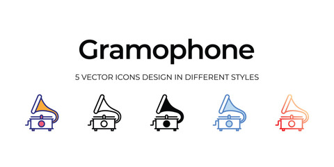 gramophone Icon Design in Five style with Editable Stroke. Line, Solid, Flat Line, Duo Tone Color, and Color Gradient Line. Suitable for Web Page, Mobile App, UI, UX and GUI design.