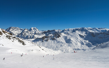 Fototapeta na wymiar Ski slopes of winter mountain resort Meribel-Courchevel, France. Taken in Feb 2017.